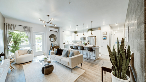 interior living room open to kitchen and large central island