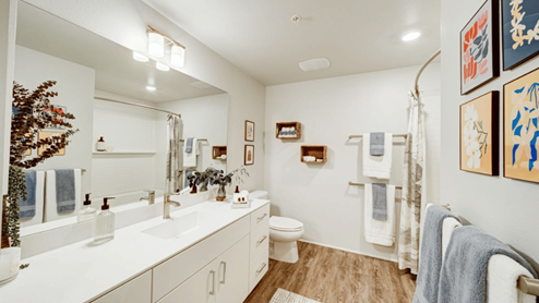 Interior bathroom with toilet and full sized shower
