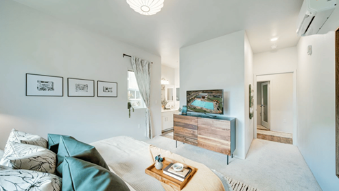 Interior bedroom open to bathroom