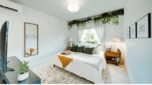 Interior bedroom with large window