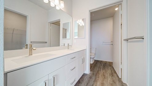 Interior bedroom with two sinks and fill size shower