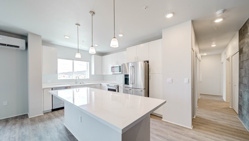 Interior kitchen with large central island