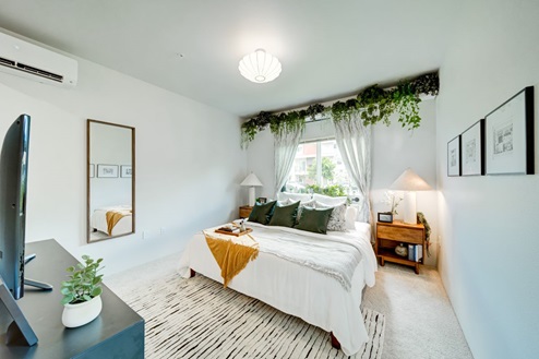 Interior bedroom with large window