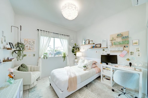 Interior bedroom with large window