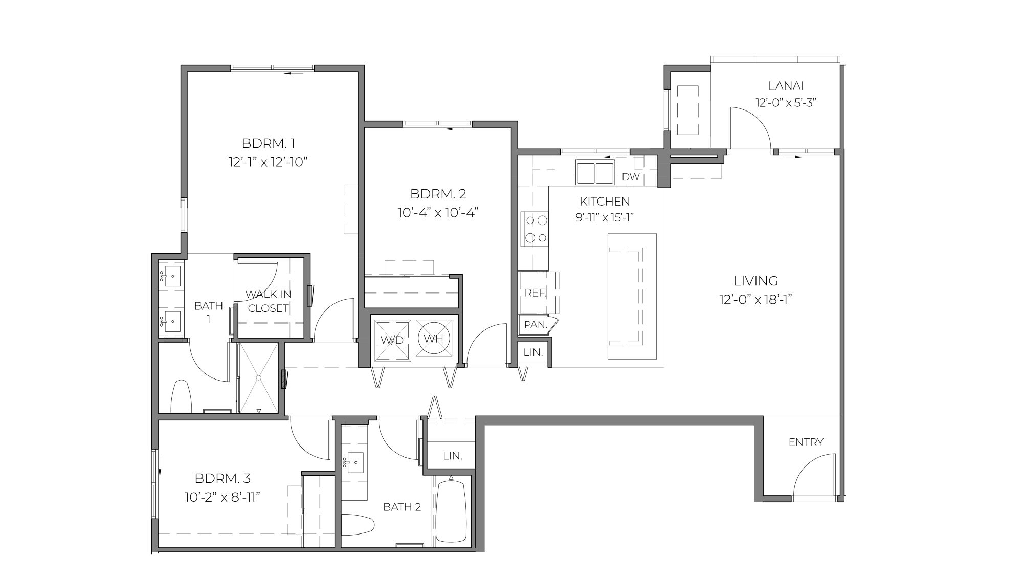 One story floor plan with three bedrooms and open living room