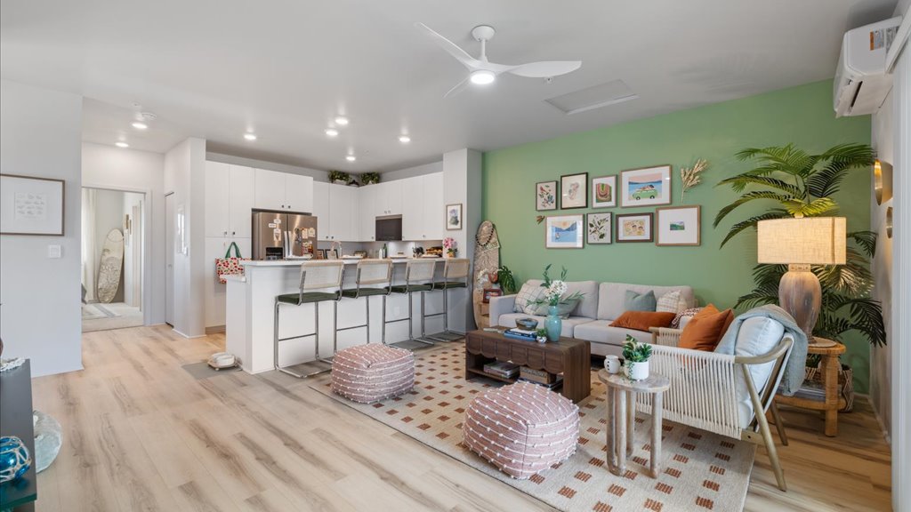 Interior living and dining room open to kitchen