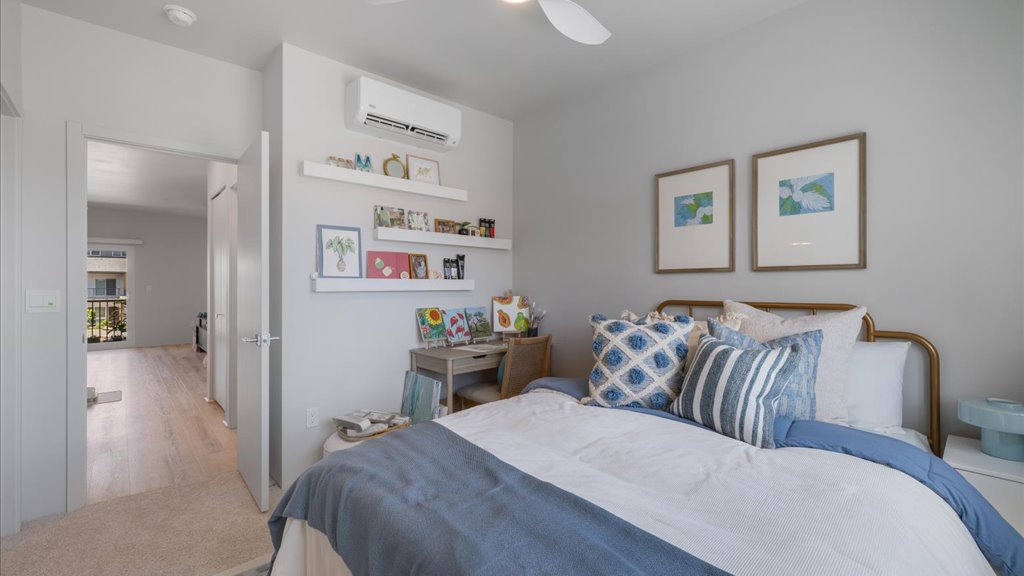 Interior bedroom with sliding door closet