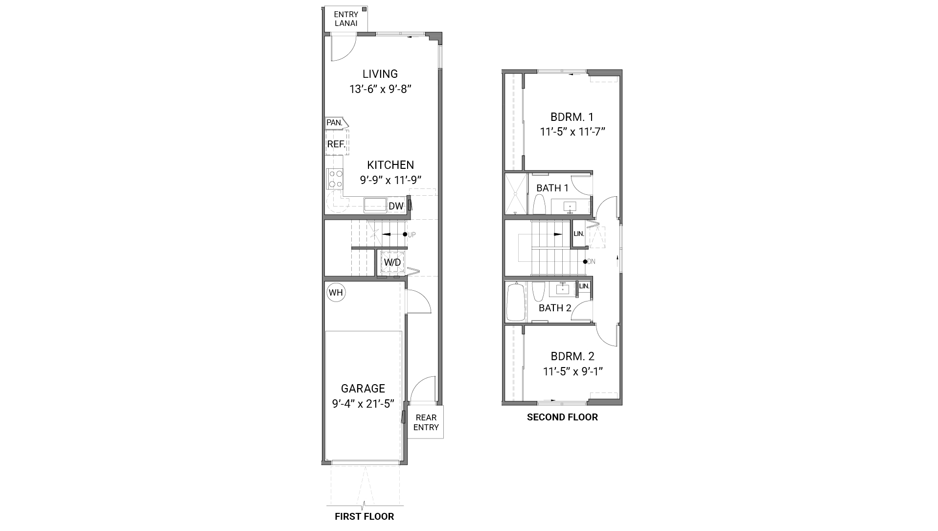 Interior floorplan drawing two story unit two bedroom