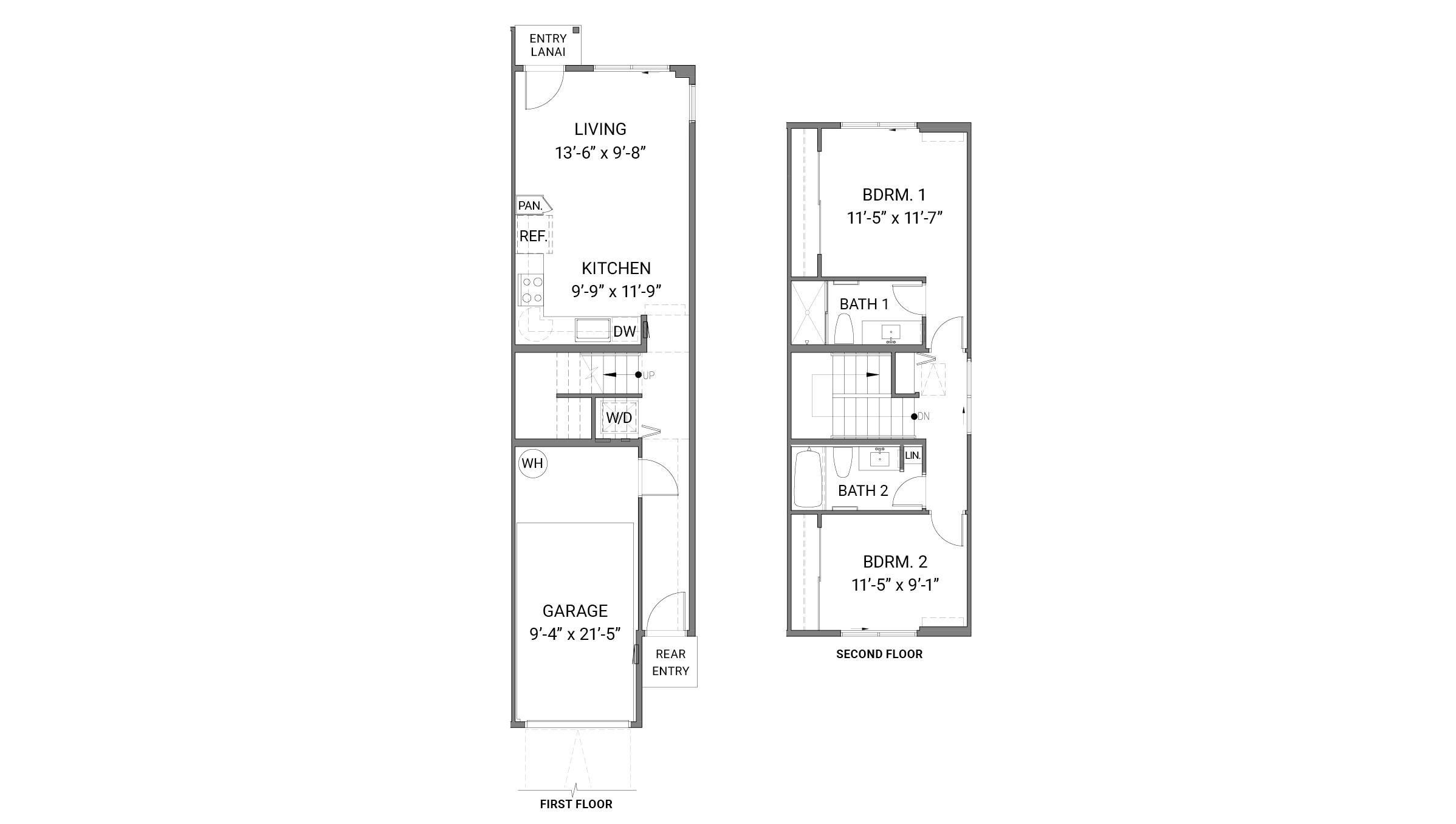 Interior floorplan drawing two story unit with two bedrooms
