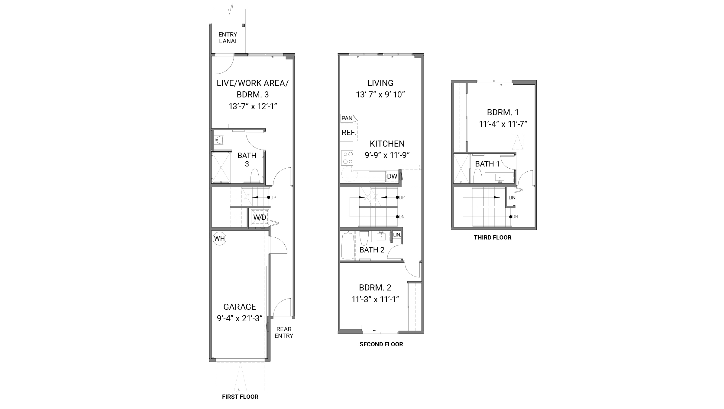 Interior floorplan drawing three story FLEX unit with three bedrooms