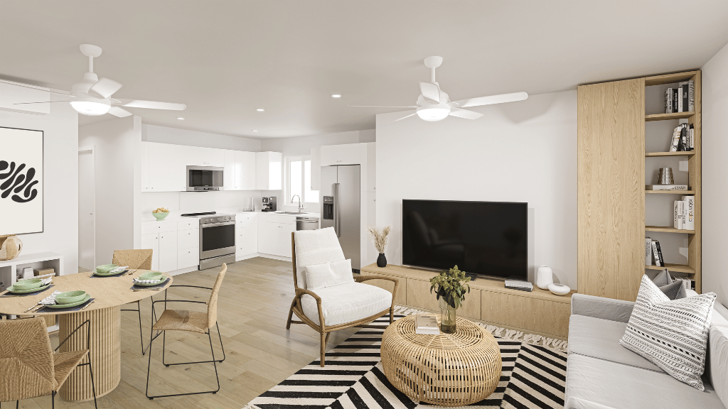 Interior rendering living room dining room and kitchen