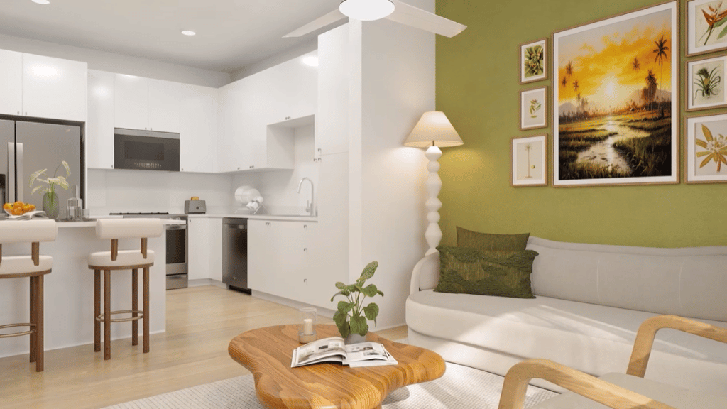 Interior virtual rendering living room and kitchen