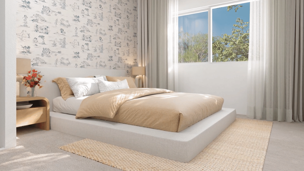 Interior bedroom with large window