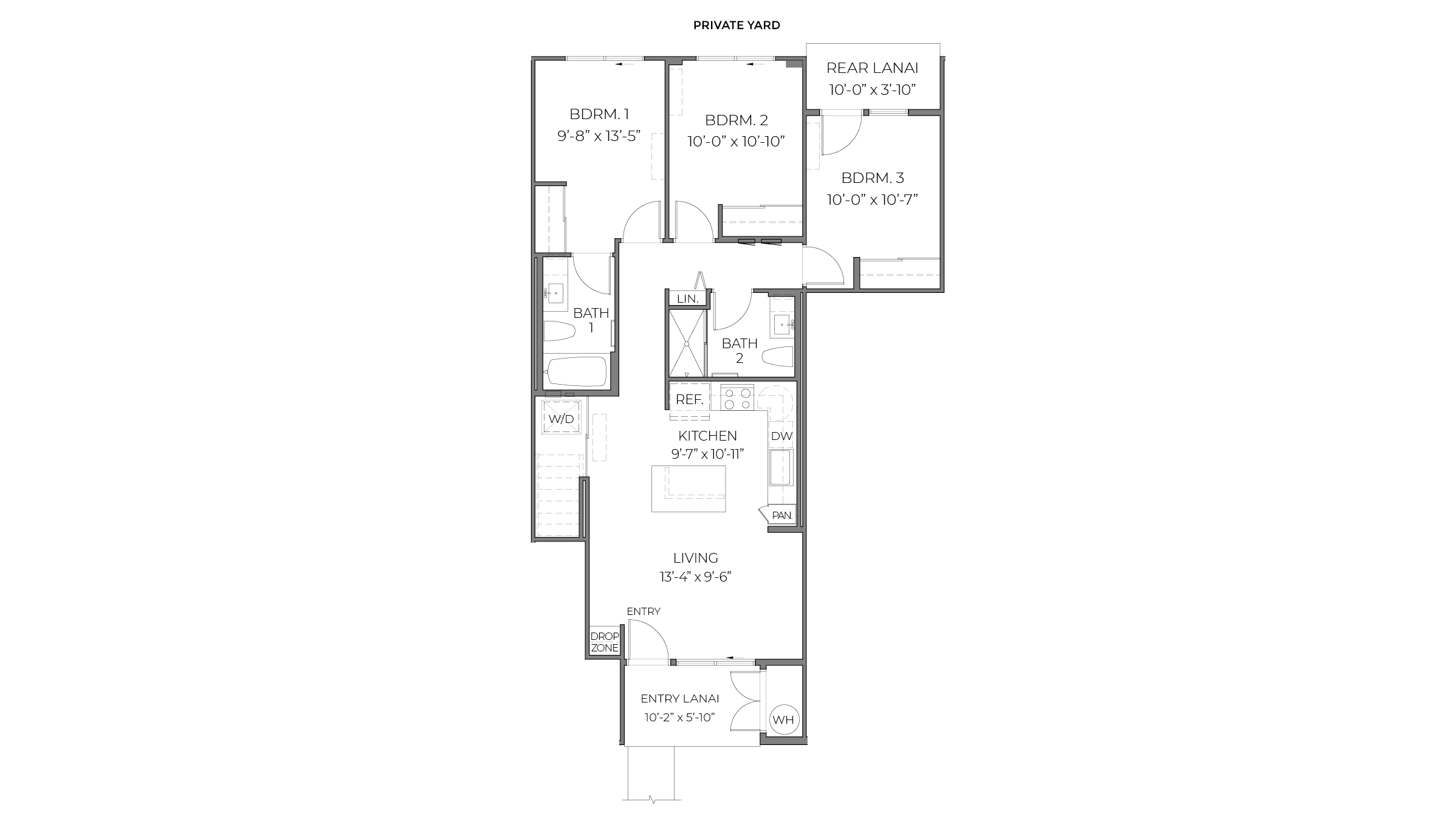 Interior floor plan drawing three bedroom two bathroom single story condominium