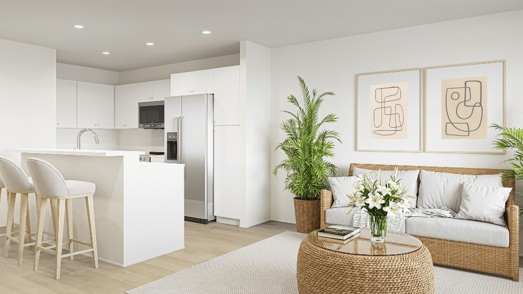 Interior living room open to kitchen