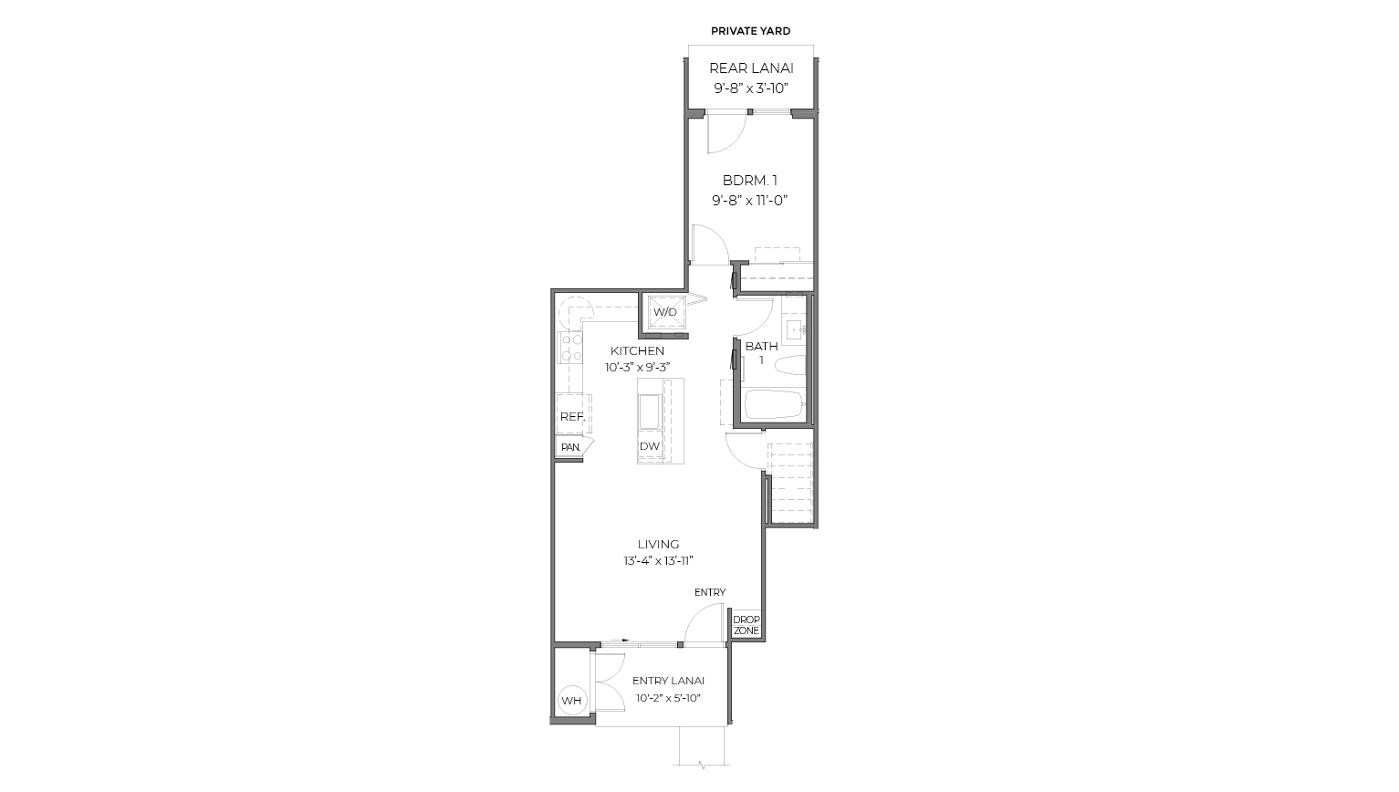 Interior floorplan drawing one bedroom one bathroom