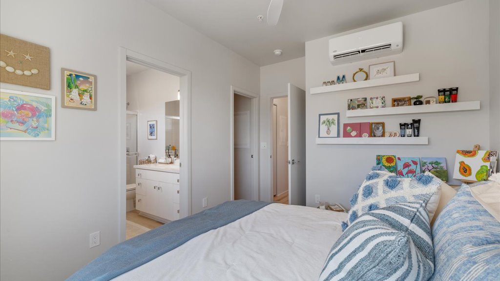 Interior bedroom with large window with walk in closet