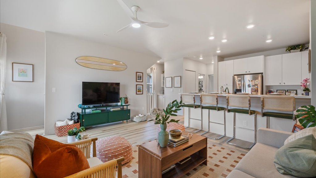 Interior living and dining room open to kitchen