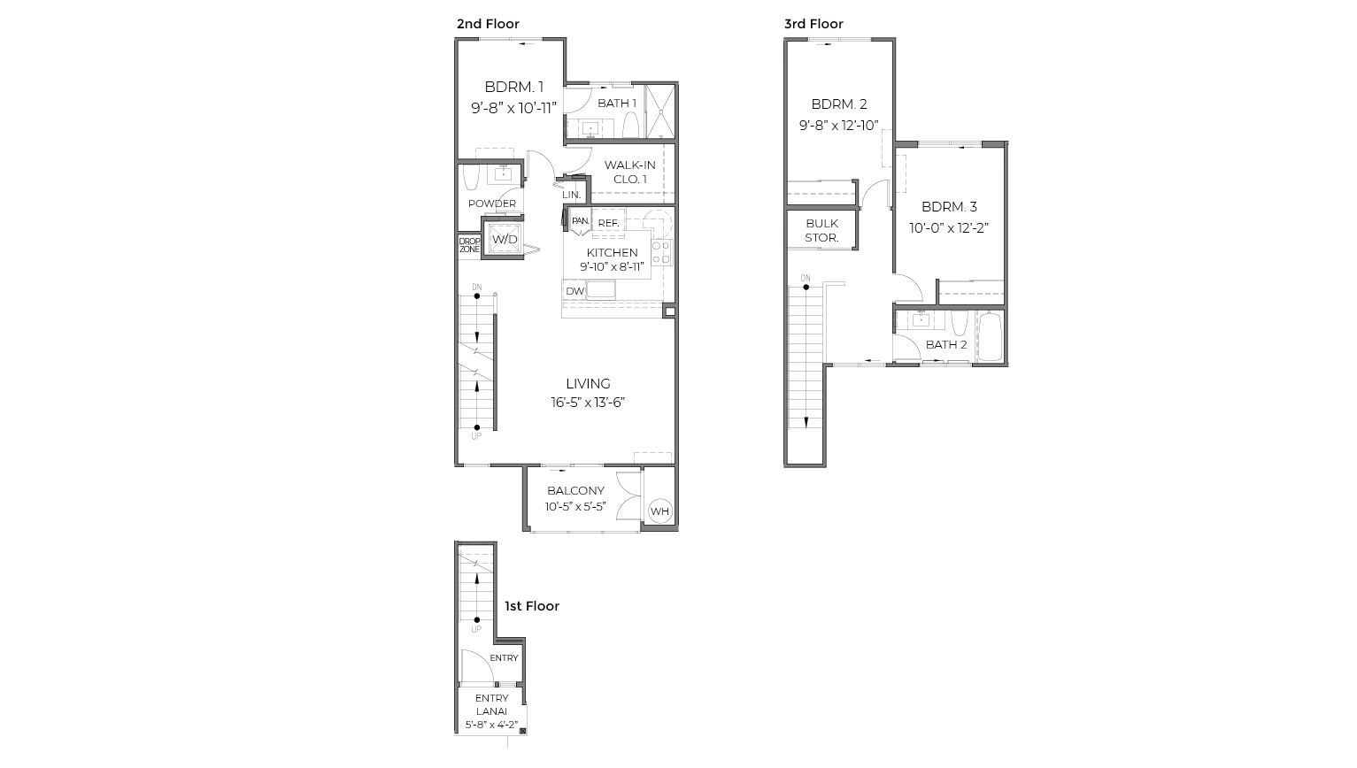 Interior floor plan drawing three story three bedroom and two and a half bathroom condominium