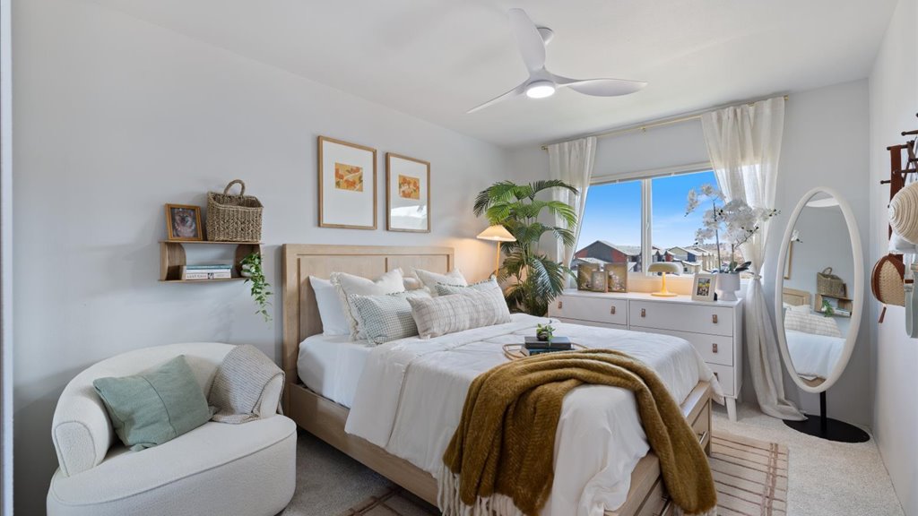 Interior bedroom with large window