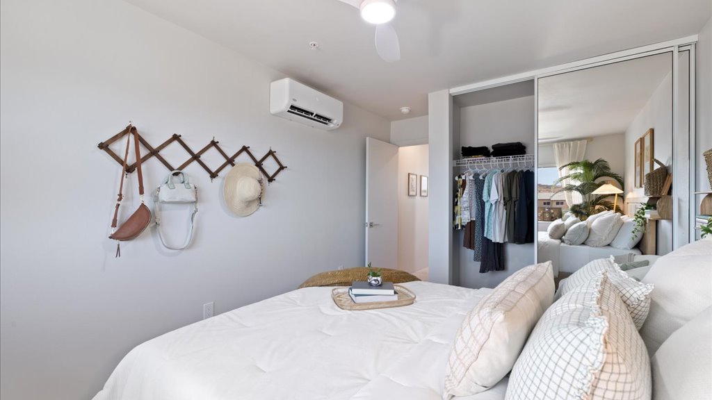 Interior bedroom with large window