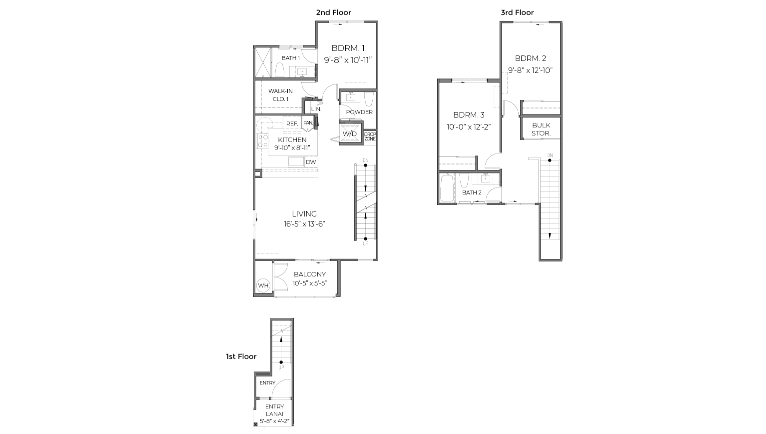 Interior floorplan drawing three bed two and a half bath