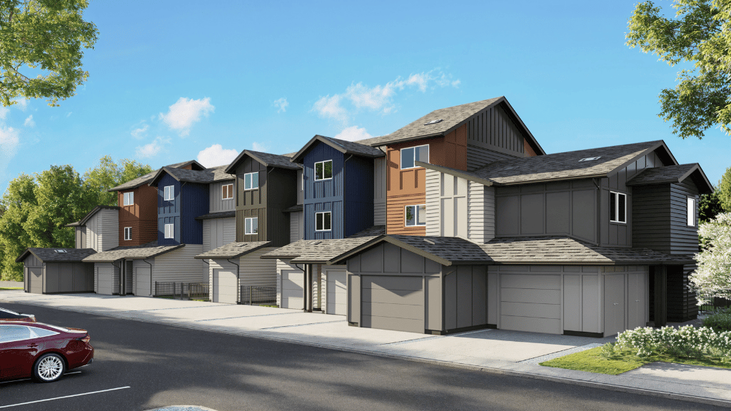 Exterior three story rendering building with brown a gray wood cladding