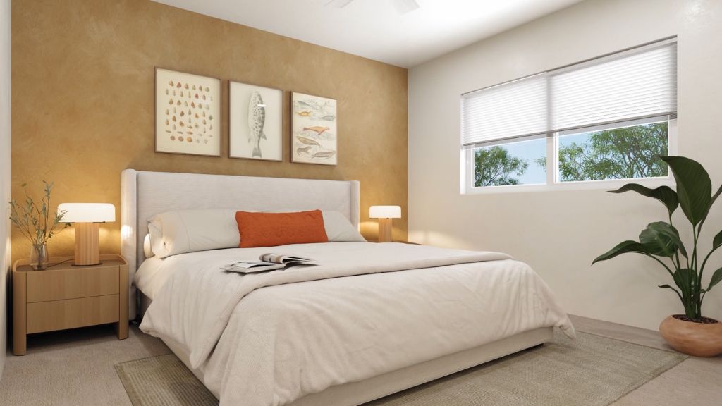 Interior bedroom with large window