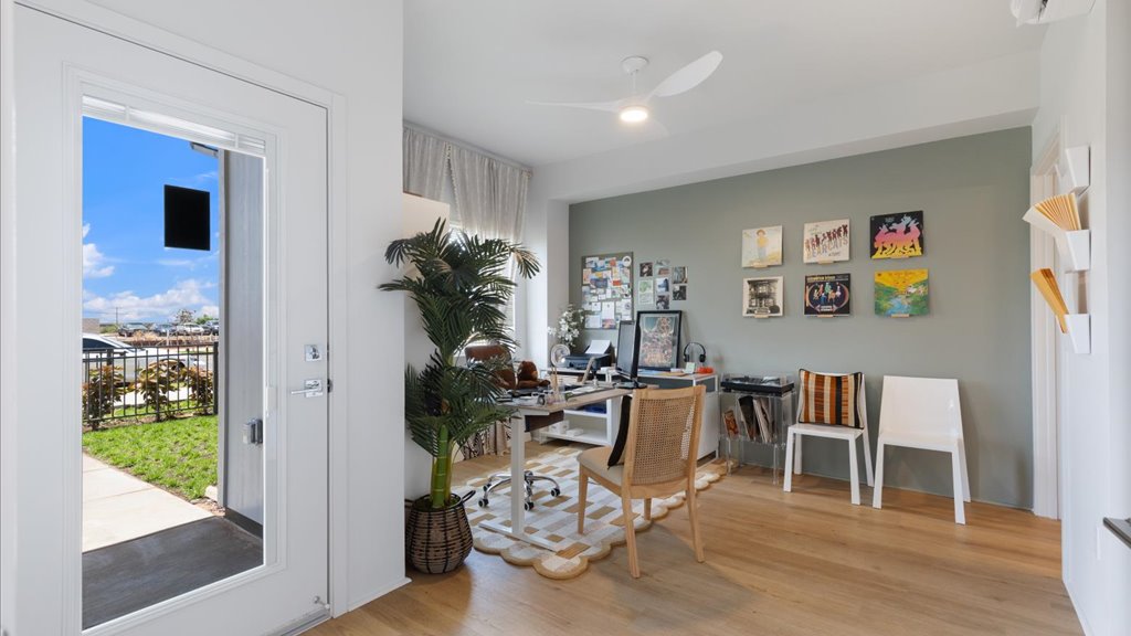 Interior flex office space with desk and couch