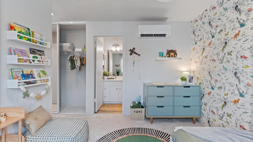 Interior bedroom with large window