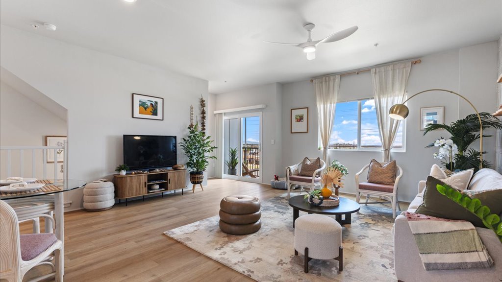 Interior living room space open to balcony