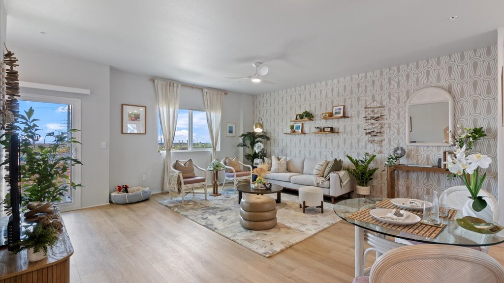 Interior living room space open to balcony
