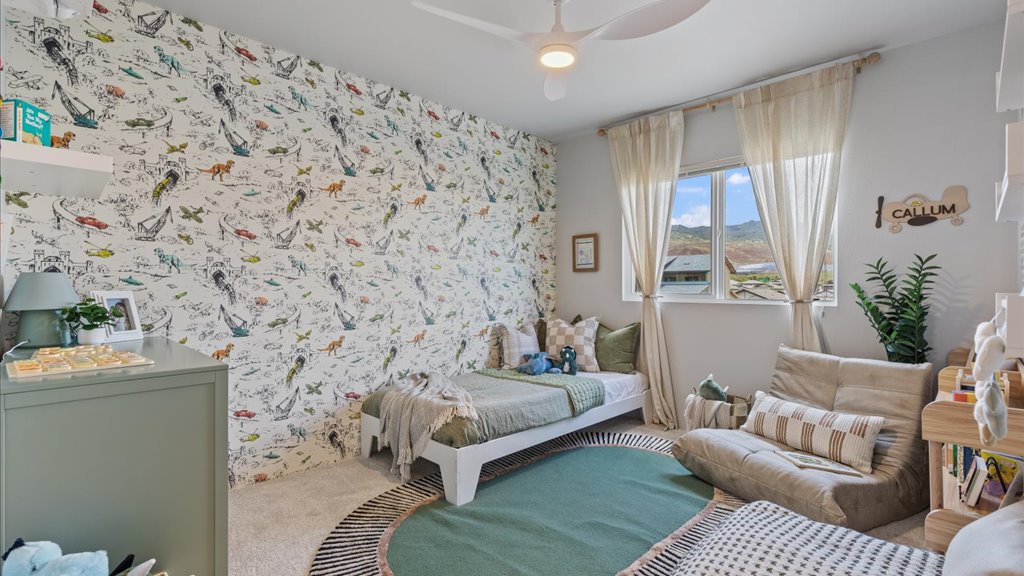 Interior bedroom with large window