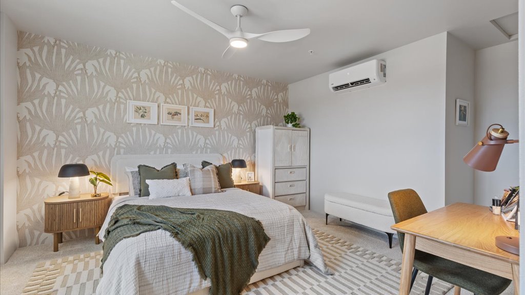 Interior bedroom with large window