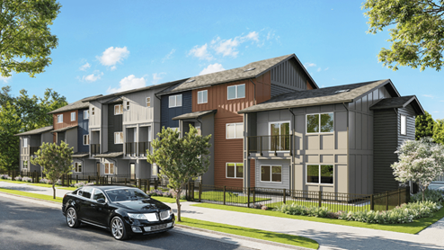 Alana exterior three story building with tan and gray wood cladding