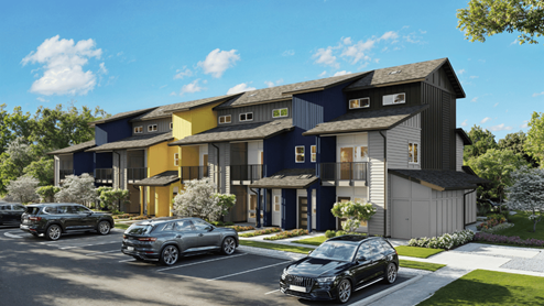 Alana exterior three story building with blue and yellow wood cladding