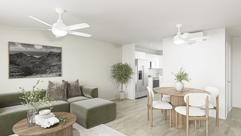 Interior living room and dining room open to kitchen