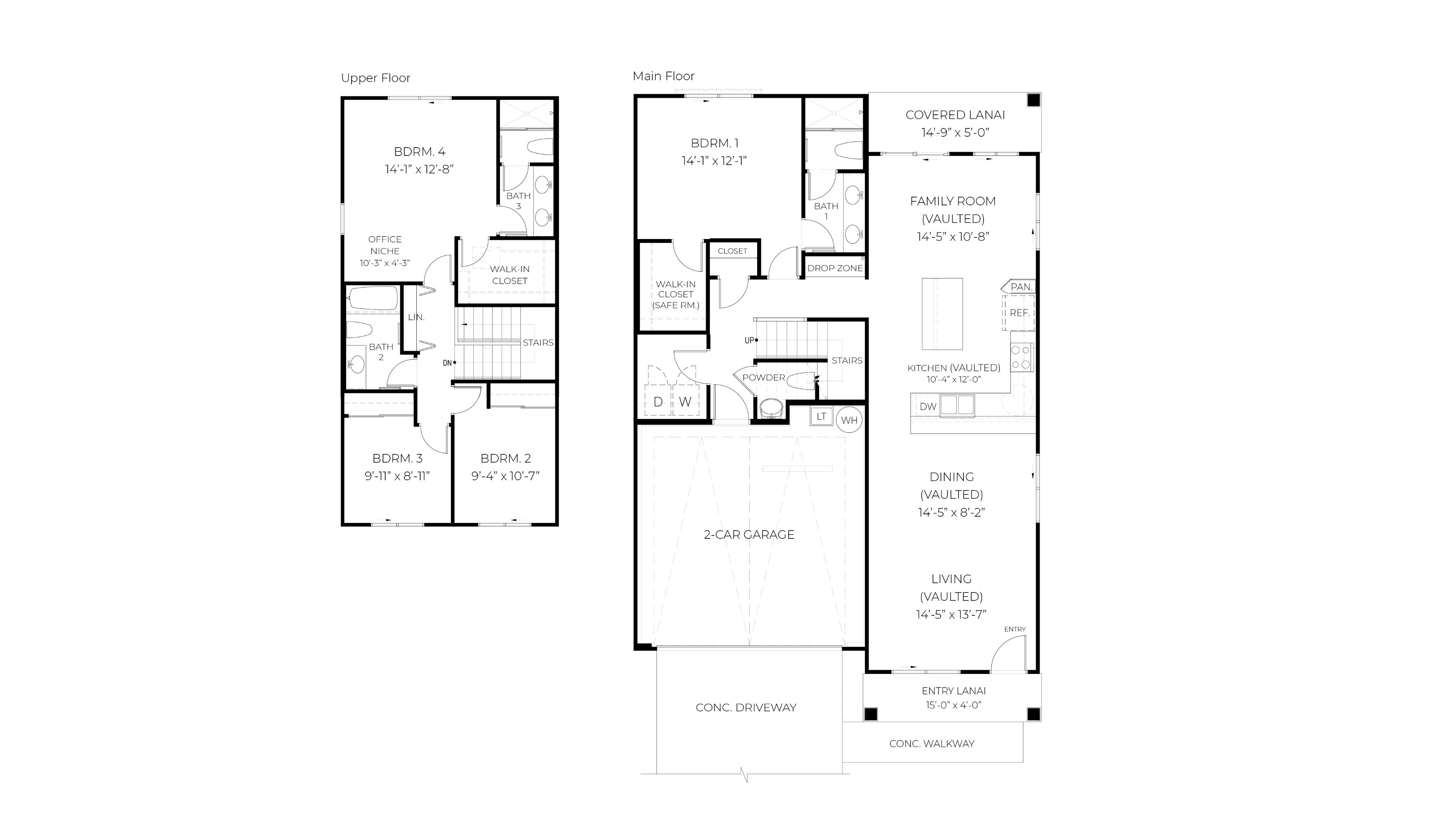 Two story floor plan with four bedrooms and a two car garage