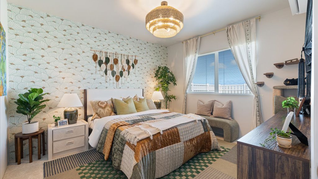 Interior bedroom with large window