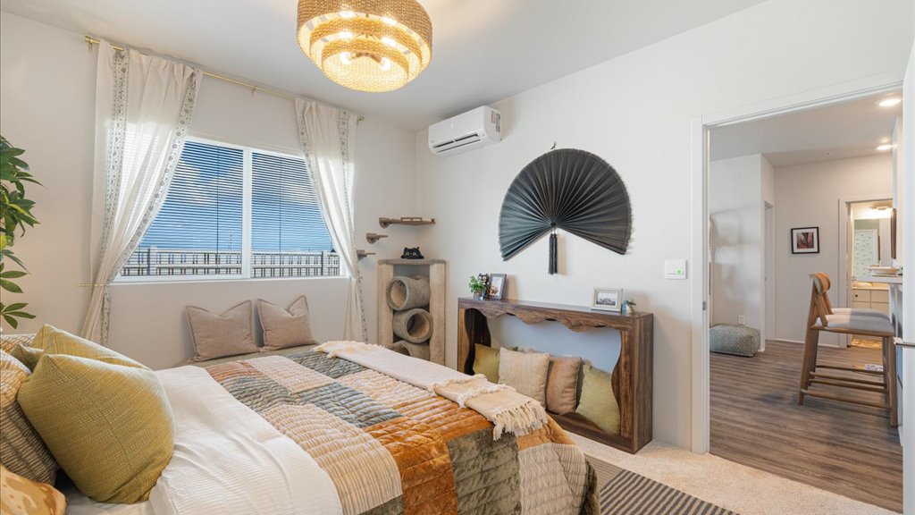 Interior bedroom with large window