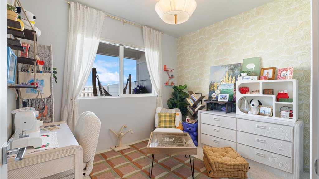 Interior bedroom with large window
