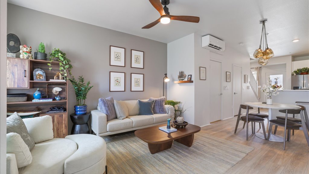 Interior living room open to dining area