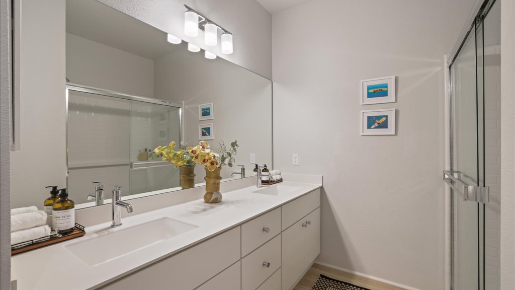 Interior bathroom with vanity sink and shower