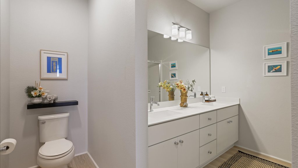 Interior bathroom with vanity sink and shower