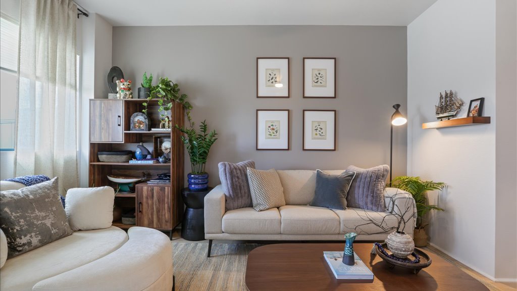 Interior living room with large window