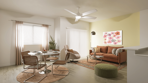 Interior living and dining room open to kitchen
