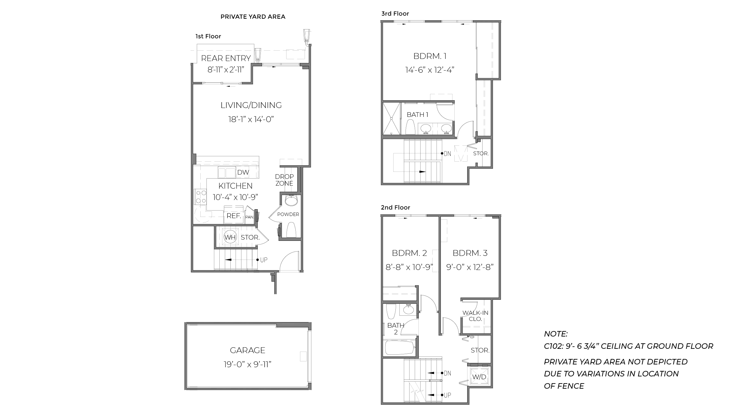 Interior floorplan drawing three bedroom three story