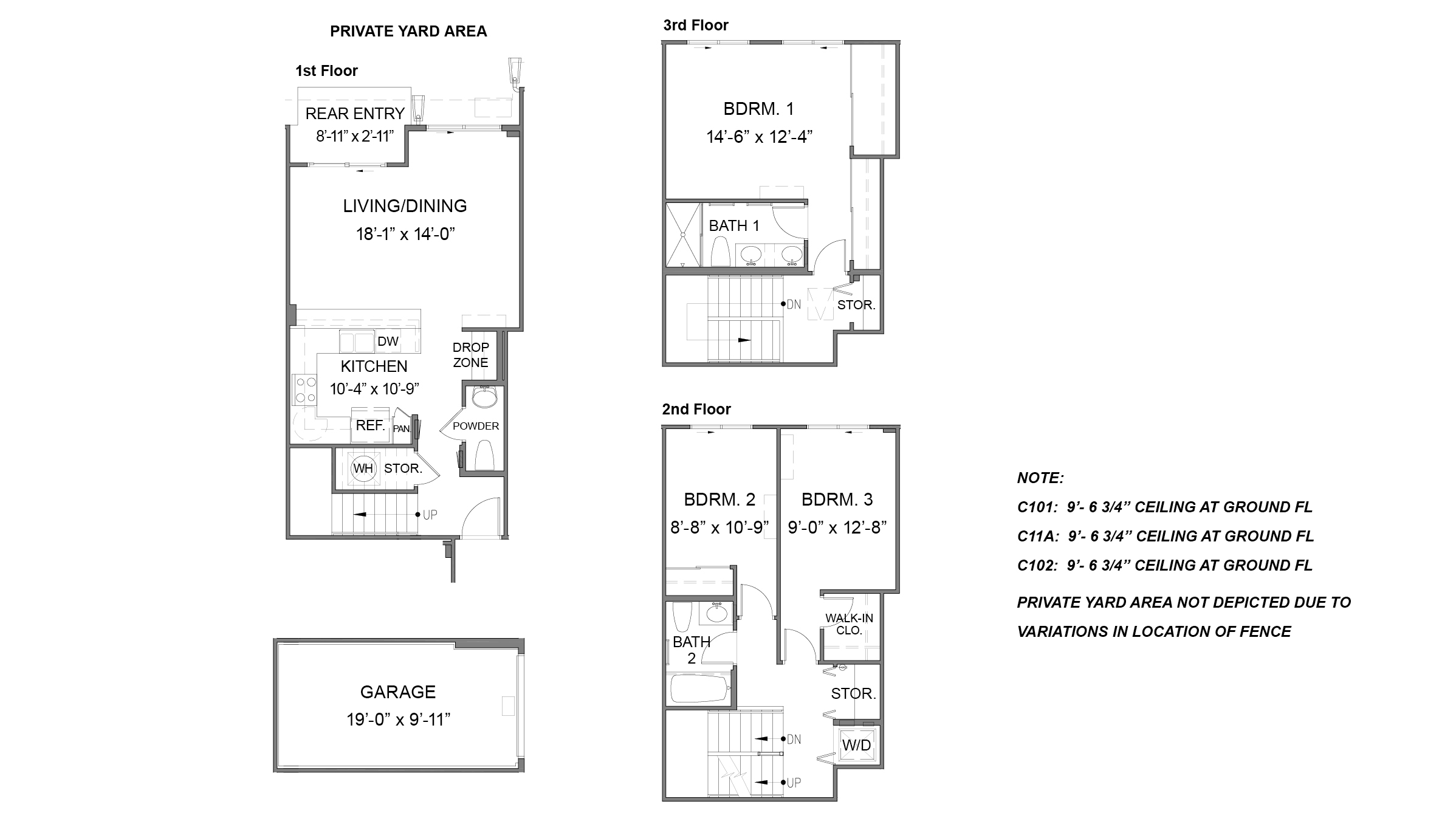 Interior floorplan drawing three bedrooms