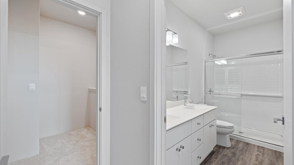 Interior bathroom with vanity toilet and shower open to bedroom