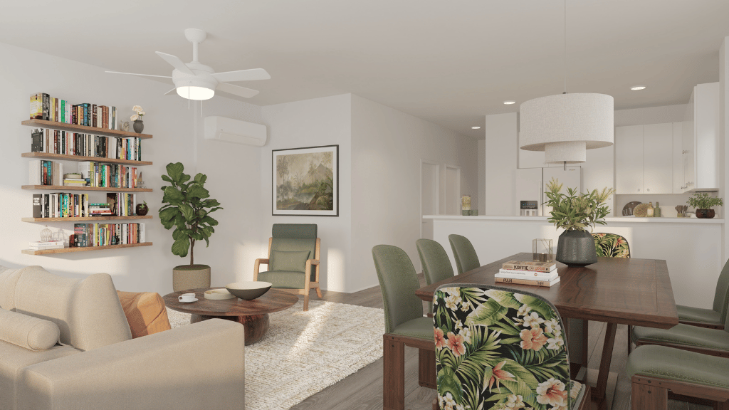 Interior rendering living and dining area open to kitchen